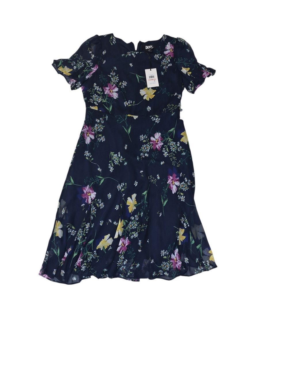 DKNY Navy Floral Fit & Flare Dress with Purple and Yellow Blooms Nwt